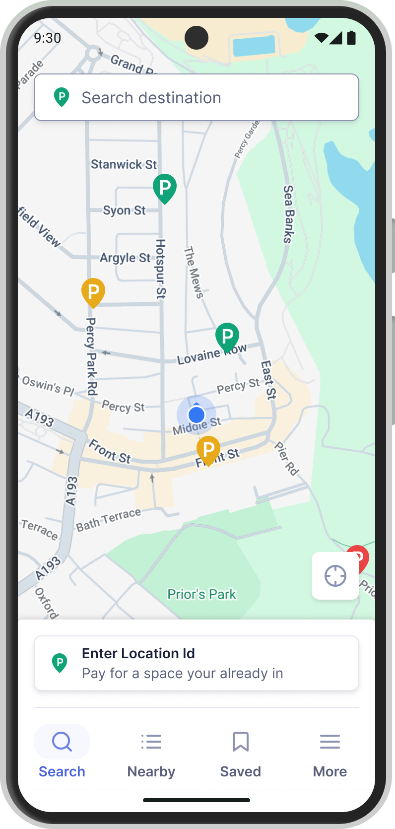 Screenshot of the EasyPark app showing a map with car parking spaces highlighted