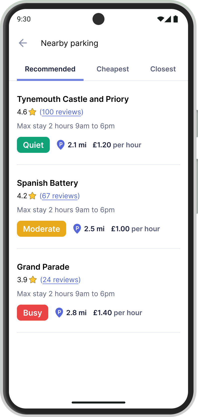 Screenshot of the EasyPark app showing a list of car parking spaces