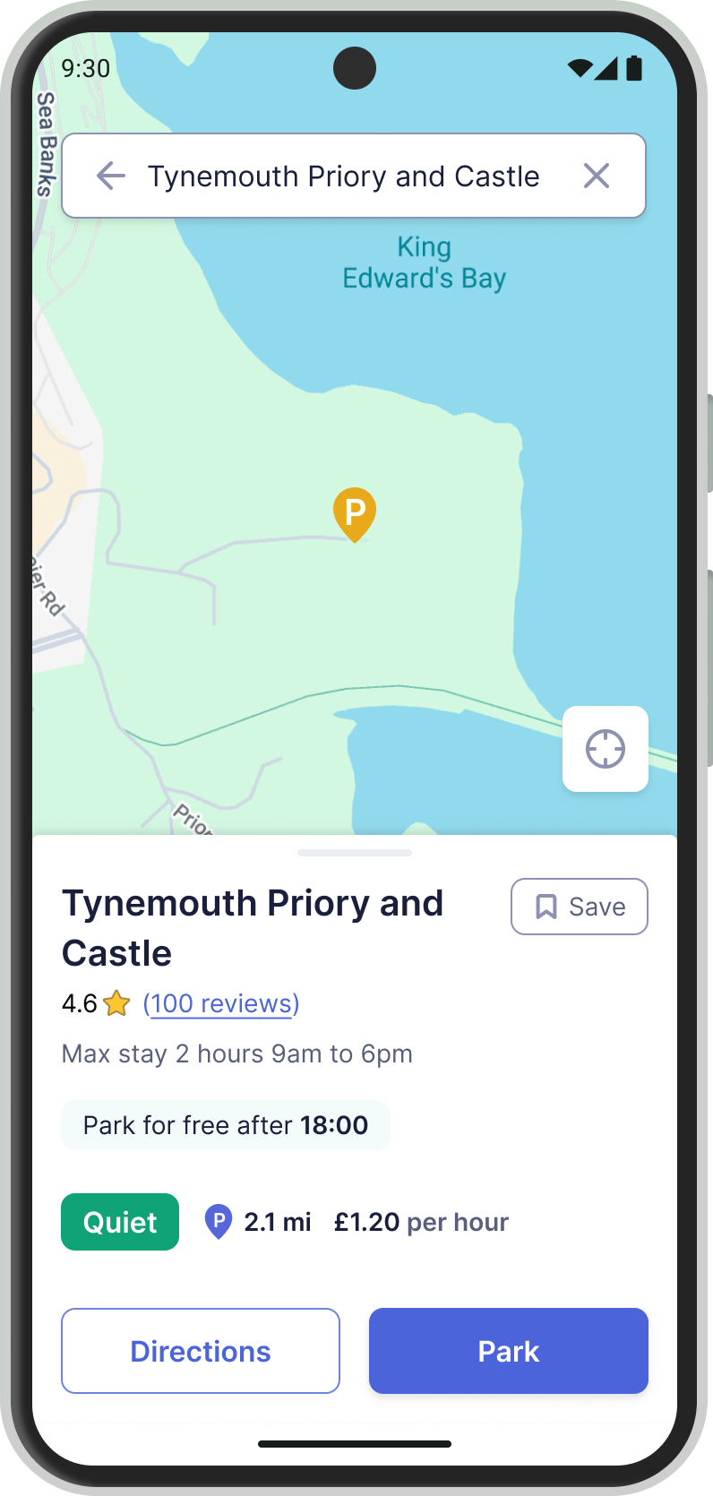 Screenshot of the EasyPark app showing details about a car park the user has selected