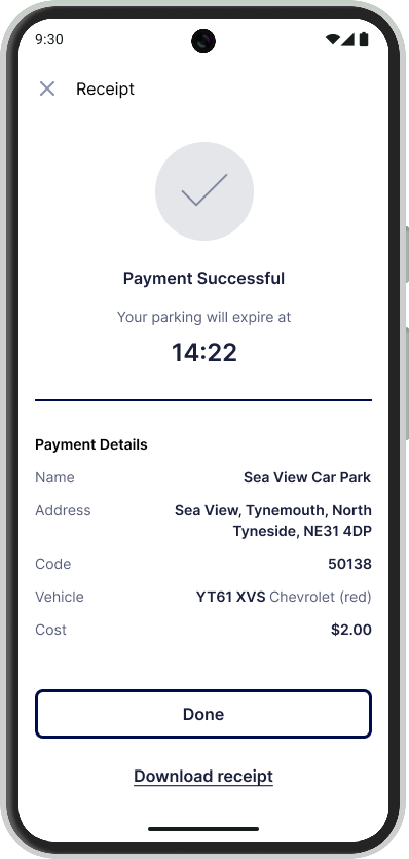 Screenshot of the EasyPark app showing a map with car parking spaces highlighted