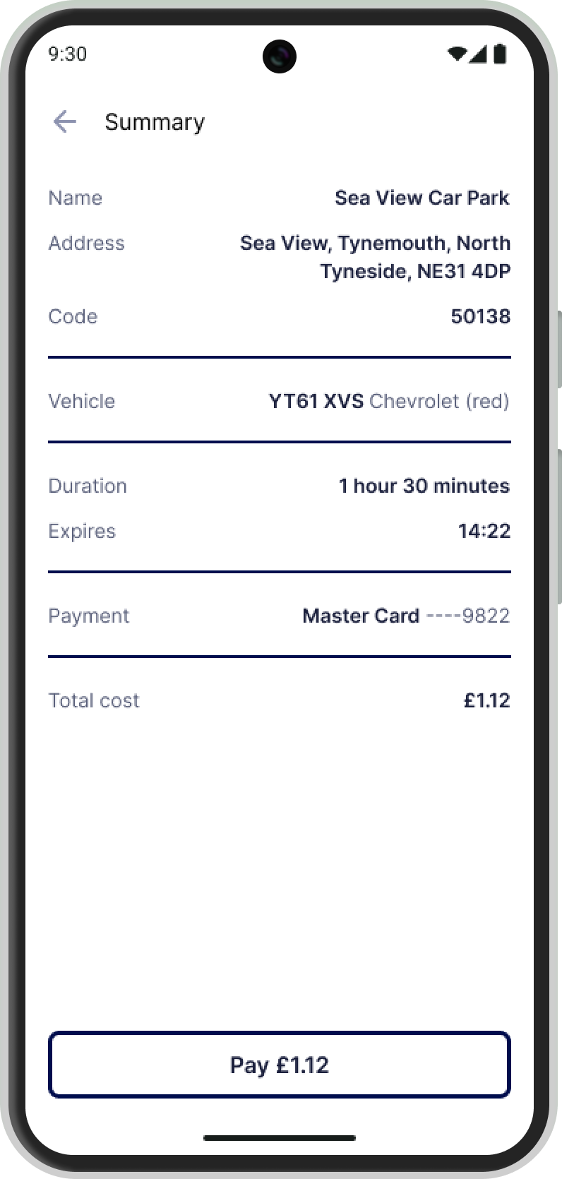 Screenshot of the EasyPark app showing the user how much time they have left at their space