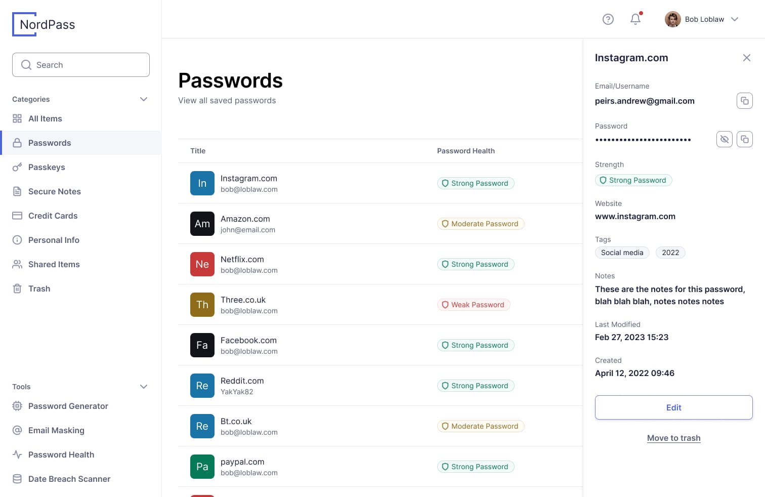 Screenshot of the NordPass app showing a table of passwords